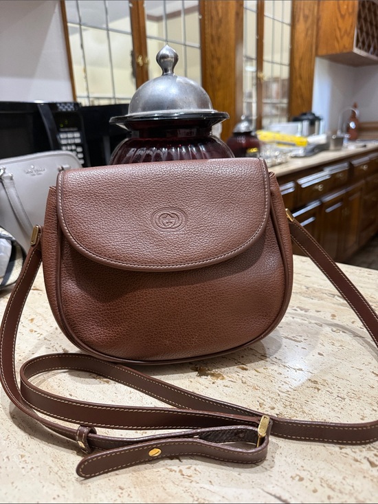 Gucci Handbags - Gucci Brown Pebbled Leather Saddle Crossbody Bag